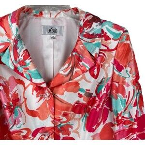 Le Suit Blazer Jacket Womens 12 Multicolor Floral Pink Print Button Preppy